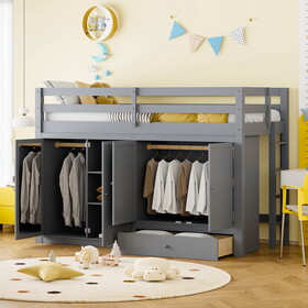 Twin size Loft Bed with Drawer, Two Wardrobes and Mirror, Gray LT000812AAE