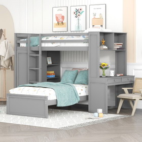 Twin Size Loft Bed with a Stand-Alone Bed, Shelves, Desk, and Wardrobe-Gray