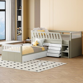L-shaped Space-Saving Twin Loft and Twin Platform Bed with 7 Drawers and Full Guardrails(WHITE+LIGHT BROWN) P-LT000853AAD
