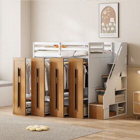Modern Loft Bed with Two-Tone Storage Stairs and Pull-Out Wardrobes, White P-LT000952AAE