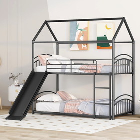 Twin over Twin Metal Bunk Bed with Slide, Kids House Bed Black