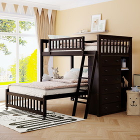 Wooden Twin Over Full Bunk Bed with Six Drawers and Flexible Shelves, Bottom Bed with Wheels, Espresso