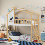 Twin Over Twin Bunk Bed Wood Bed with Roof, Window, Ladder (Natural) LT100008AAD