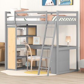 Twin Size Loft Bed with Ladder, Shelves, and Desk, Gray(LT100225AAE)