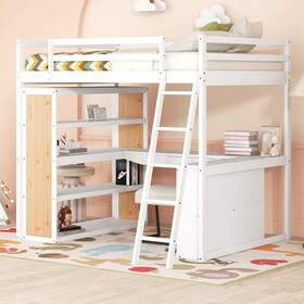 Full Size Loft Bed with Ladder, Shelves, and Desk, White LT100226AAK