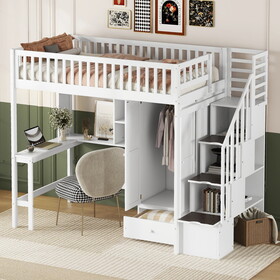 Twin size Loft Bed with Bookshelf,Drawers,Desk,and Wardrobe-White LT100668AAE
