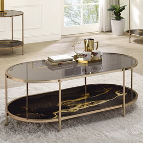 ACME Fiorella Coffee Table, Glass, Black Marble Paint & Gold Finish LV02222