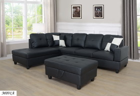 3 Piece Modular Sofa Set, (Black) Faux Leather Right Side Lounger with Free Storage Footrest M091A