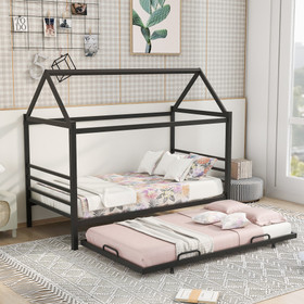 Twin Size Metal House Shape Platform Bed with Trundle, Black Mf289779Aab