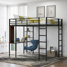 Full Size Metal Loft Bed with 2 Shelves and One Desk, Black MF291650AAB