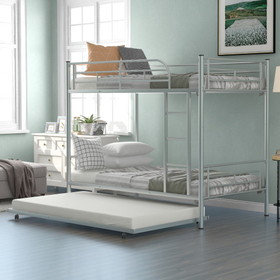 Twin-Over-Twin Metal Bunk Bed with Trundle, Can be Divided Into Two Beds, No Box Spring Needed, White