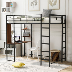 Twin Metal Loft Bed with 2 Shelves and One Desk, Black MF291671AAB