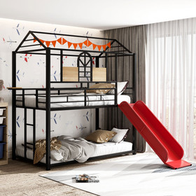 Twin Over Twin Metal Bunk Bed, Metal Housebed with Slide, Three Colors Available. (Black with Red Slide) MF291674AAJ