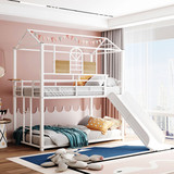 Twin Over Twin Metal Bunk Bed, Metal Housebed with Slide, Three Colors Available. (White with White Slide) MF291674AAK