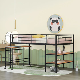 Twin Size Metal Loft Bed with Desk and Shelves, Black MF292498AAB