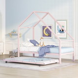 Metal House Bed with Trundle, Twin Size House Bed Pink