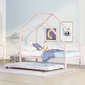 Metal House Bed with Trundle, Twin Size House Bed Pink
