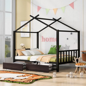 Full Size Metal House Platform Bed with Two Drawers, Headboard and Footboard, Roof Design, Black