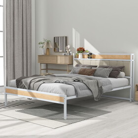 Queen Size Metal Platform Bed Frame with Upholstered Headboard, Sockets, USB Ports and Slat Support, No Box Spring Needed, White