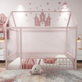 Twin Size Metal Bed House Bed Frame with Fence, for Kids, Teens, Girls, Boys, Pink