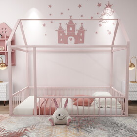 Twin Size Metal Bed House Bed Frame with Fence, for Kids, Teens, Girls, Boys, Pink