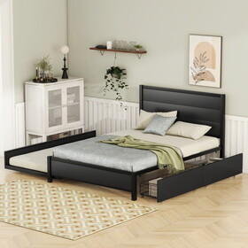 Metal Full Size Storage Platform Bed with Twin Size Trundle and 2 Drawers, Black