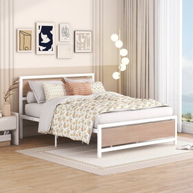Queen Size Platform Bed, Metal and Wood Bed Frame with Headboard and Footboard, White