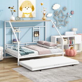 Full Size Metal House Bed with Trundle, White P-MF310813AAB