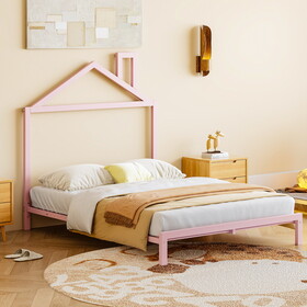 Full Size Metal Platform Bed with House-Shaped Headboard Design, Pink MF316615AAB