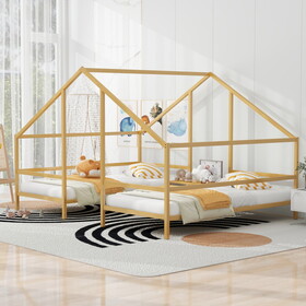 Metal Double Twin Size Triangular House Beds with Built-in Table, Gold