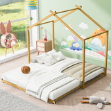 Metal Twin Size House Platform Bed with Trundle, Gold MF323650AAK