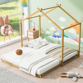 Metal Twin Size House Platform Bed with Trundle, Gold P-MF323650AAK