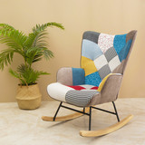 Rocking Chair, Mid Century Fabric Rocker Chair with Wood Legs and Patchwork Linen for Livingroom Bedroom Mr-Ac215