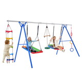 5 in 1 Outdoor Toddler Swing Set for Backyard, Playground Swing Sets with Steel Frame, Multifunction Playsets for Kids with Climbing Ladder, Saucer Swing, Monkey Bar Swing, Disc Swing and Swing Ring