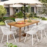 Mykonos Janiyah Outdoor Paito 7PCS Dingning Set, (6PCS White PP Dining Chair with 1PC Acacia Wood Dining Table) MYKONOS7PCDW