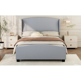 King Size 51" High Headboard Wingback Linen Upholstered Bed No Box Spring Needed, Gray