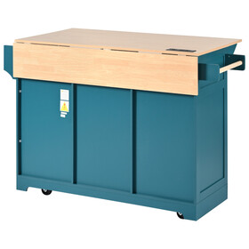 K&K 55.7" Large Kitchen Island with 2 Drop Leaf, Rolling Kitchen Cart on 5 Wheels with Power Outlet, Folding Storage Dining Table with Spice & Towel Rack, 3 Drawers, for Kitchen, Dining Room,Green
