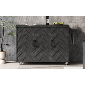 K&K 51.2"W 3D Wave Stripes ash Veneer, Kitchen Island with Drop Leaf, Farmhouse Kitchen Island on Wheels with Internal Storage Rack, Rolling Kitchen Cart(Black)