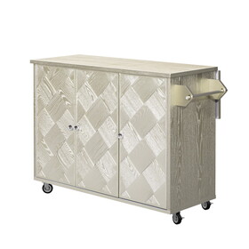 K&K 51.2"W ash Veneer, Solid Wood Handwoven Kitchen Island with Drop Leaf, Coastal Kitchen Island on Wheels with Internal Storage Rack, Rolling Kitchen Cart, Champagne