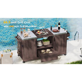 K&K 66.5" Outdoor Kitchen Island for Big Green Egg, Solid Wood Grill Cart with Stainless Steel Top & Drawer, Fits Large Big Green Egg & Kamado Joe - Dark Brown