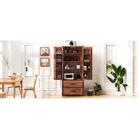 K&K 71" Farmhouse Kitchen Pantry Cabinet with 2 Large Drawers,Embossed Texture Freestanding Cupboard Cabinet with 8 Door Shelves and 3 Cabinet Shelves, Brown