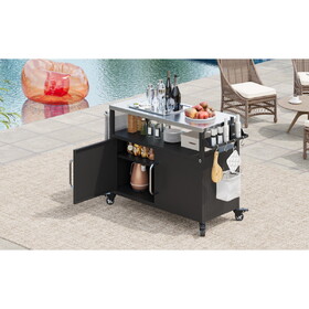 K&K 54.5" Outdoor Kitchen Island with Stainless Steel Tabletop, Metal Grill Cart Table with Storage Cabinet, Spice Rack and Towel Rack, Outdoor Bar Cart with 4 Lockable Wheels for Outside BBQ