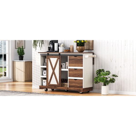 K&K 55.5" Farmhouse Kitchen Island with Drop Leaf, Kitchen Storage Island with Barn Door, Power Outlet, Rolling Kitchen Cart on Wheels with Spice Rack, for Home, Kitchen, Dining Room, White