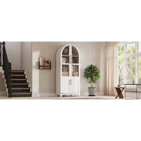 K&K 71" Tall Arched Kitchen Pantry Cabinet with Door Shelves, Farmhouse Kitchen Storage Cabinet with Open & Adjustable Shelves, Hidden Drawer & Glass Door, Cupboard for Kitchen, Dining Room, White