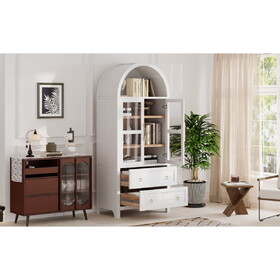 K&K 71" Tall Arched Kitchen Pantry Cabinet with 2 Large Drawers, Modern Farmhouse Kitchen Storage Cabinets with Adjustable Shelves, Glass Door, Wood Versatile Cupboard, White