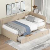 Twin Size Wood Daybed with Trundle and Guardrail, Beige