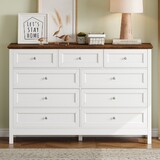 Wood Rustic Storage Dresser with 9 Drawers and Silver Handle, White