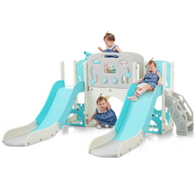 Kids Slide Playset Structure 8 in 1, Freestanding Ocean Themed Set with Slide, Arch Tunnel,Basketball Hoop and Telescope, Double Slides for Toddlers, Kids Climbers Playground N710P176322C
