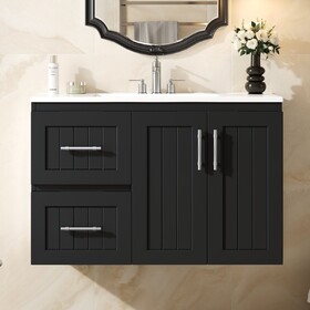 36" Wall Mounted Bathroom Vanity, Floating Bathroom Storage Cabinet with 2 Drawers, 3 Holes Single Ceramic Sink, Modern Cabinet with Adjustable Shelf