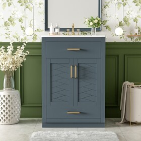 24" Bathroom Vanity with Integrated Ceramic Sink, Bathroom Cabinet with 2 Doors, 1 Tip-out Drawer, Single Sink Bathroom Vanity for Small and Medium Restroom, Blue